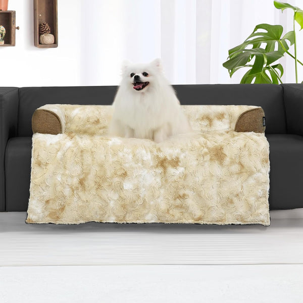 Medium Dog Couch Bed, 35x31 Inches, Faux Fur Tie-dye Khaki, Waterproof Calming Washable Memory Foam