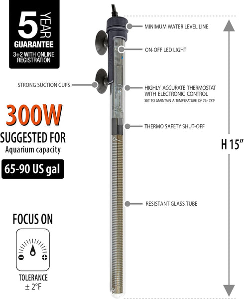 Sicce Scuba 300 Watt Aquarium Fish Tank Heater, Preset at 77? for Up to 90 Gallons, Submersible