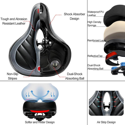 Waterproof Comfort Bike Saddle Seat with Dual Shock Absorbing Ball, Thickened Memory Foam for Indoor Cycling