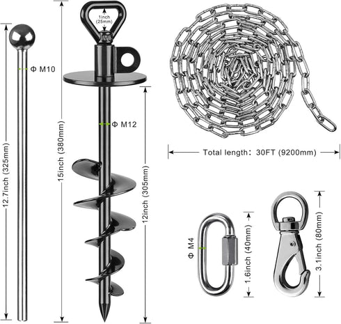 SELEWARE Outdoor Dog Tie Out Stake with Stainless Steel Chains, Anti-Rust Dog Anchor for Large Dogs up to 220 lbs