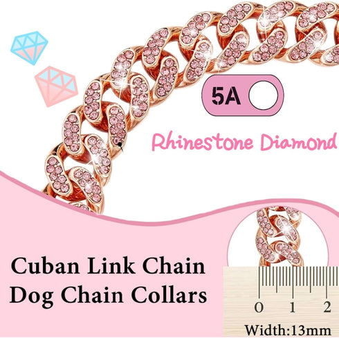 Cuban Link Dog Collar, Rose Gold Crystal Dog Necklace with Secure Buckle, Metal Chain Collar Jewelry Accessories for