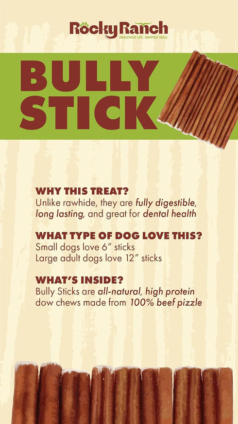 6" 3.53 oz, 6 Count. Rocky Ranch, Dog Bully Sticks, Beef Flavor, Adult Dog, Natural Chew Treats, Dental Care, High