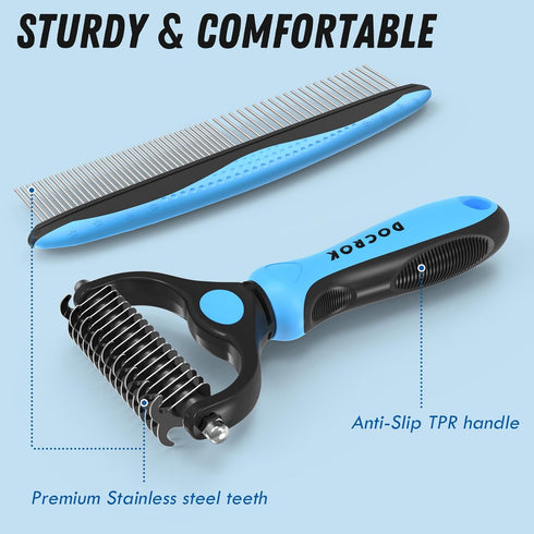 Pet Grooming Brush and Metal Comb Combo, Undercoat Rake for Dogs Grooming, Dematting Tool for Long Haired Pets (Blue)