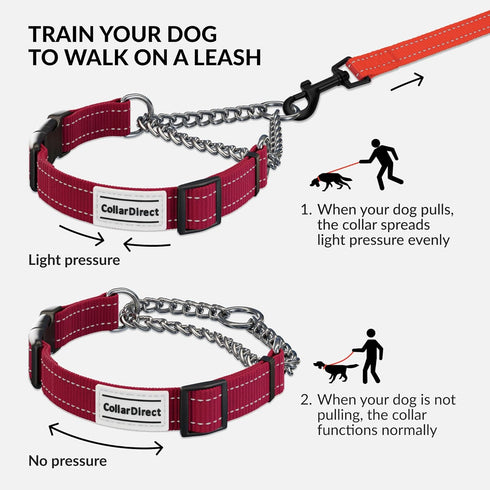 CollarDirect Martingale Dog Collar with Stainless Steel Chain, Quick Release Buckle, Reflective for Large, Medium,