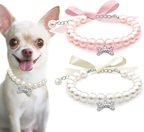 2 Pcs Dog Cat Pearl Collar Necklace, Fancy Rhinestone Bone Jewelry for Girl Cat Puppy Dogs (Pink+White)