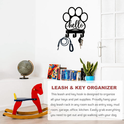 Dog Leash Holder for Wall, Wall Mount Organizer with Hello - Dog Leash, Key, Dog Stuff Storage