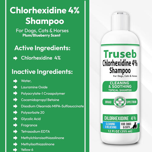Pet Health Pharma 4% 12 oz 4% 12 oz) Truseb Topical Chlorhexidine Shampoo for Dogs, Cats, and Horses
