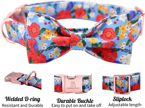Lionheart glory Floral Print Dog Collar with Bowtie, Adjustable Soft Collars for X-Small to Large Dogs