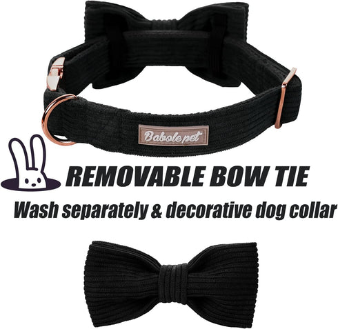 Black Dog Collars for Small Dogs, Cute Corduroy Dog Collar with Bow Tie, Adjustable Puppy Collars for Small Medium
