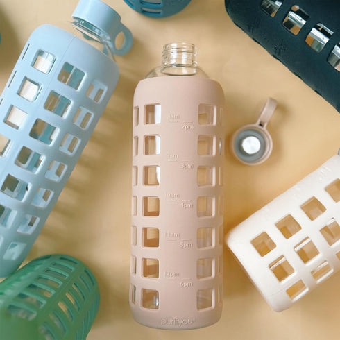 purifyou Premium Glass Water Bottles, 40oz Reusable Drinking Bottle with Silicone Sleeve