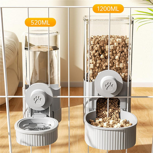 Cage Hanging Bowls, Refillable Food Bowl for Dogs Cats, Double Bowls with Automatic Water Food Dispense Feeder (Grey)