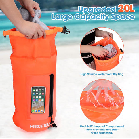 Hikeen Swim Buoy with Dry Bag 20L - Waterproof Touchscreen Swim Safety Float for Open Water Swimmers and Triathletes