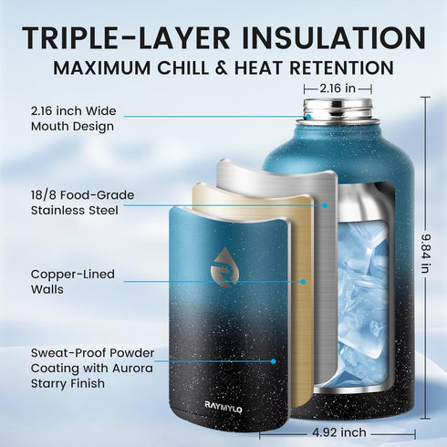64oz 48H, RAYMYLO Insulated Water Bottle, Triple Wall Vacuum Stainless Steel Water Bottles - Keeps Cold Reusable Half