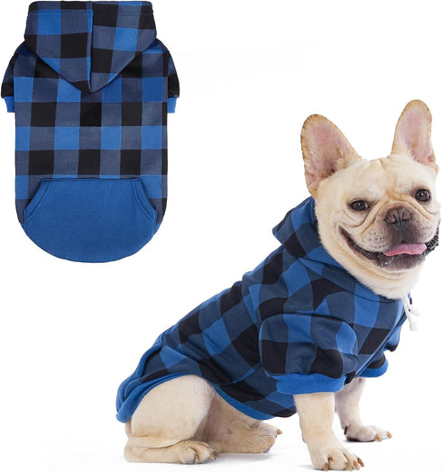 KOOLTAIL Plaid Dog Hoodie Pet Sweater with Hat and Pocket for Small Medium Large Dogs, Soft Winter Coat, Blue M