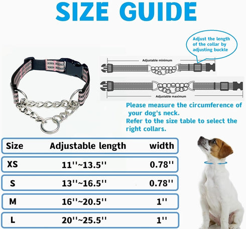 Martingale Collars for Dogs, Heavy Duty Stainless Steel Chain Training Collar, Reflective Nylon Adjustable Collar with Quick Release Buckle, Suitable for Puppy Medium Large Dogs ((Pink, S)