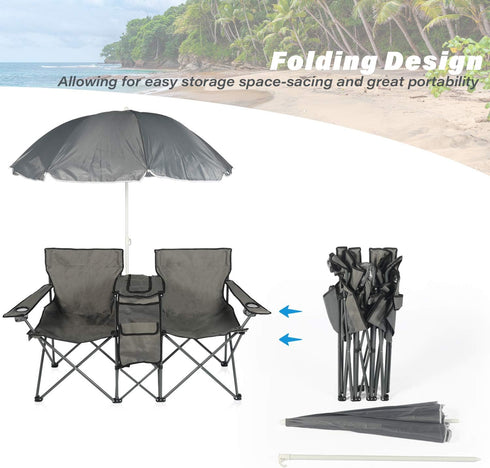 ROHUMTY YILI Double Folding Camping Chairs, Portable Camping Chairs w/Removable Umbrella Mini Table Cooler Bag, Outdoor