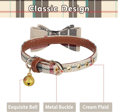 PUPTECK Puppy Collar with Bell, XXS Adjustable Bowtie Soft Leather Dog Collar for Cats & Extra Small Dogs (2 Packs)