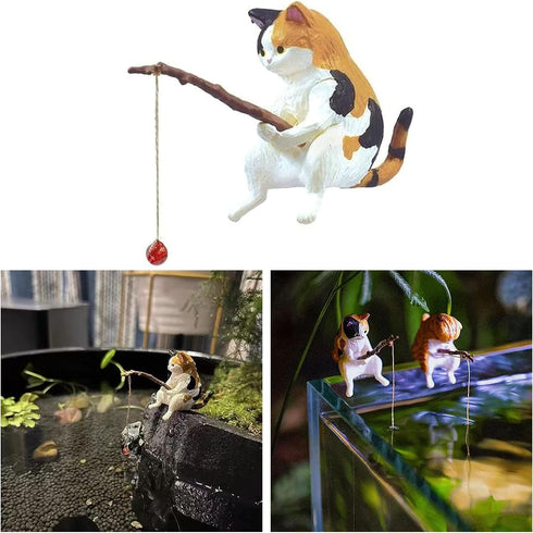 Black Cartoon Fishing Cat Ornaments for Fish Tank Landscaping, Aquarium Accessories, Home Office Decorations, Thematic