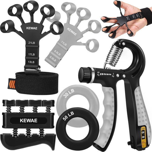 Grip Strength Trainer Kit, 6 Pack with Finger Exerciser, Hand Grip Strengthener, Forearm Workout Ring