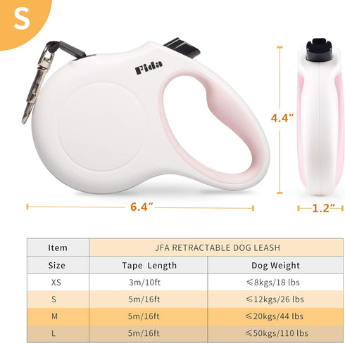 Fida 16 ft Retractable Dog Leash for Small Dogs up to 26lbs, Tangle Free, White