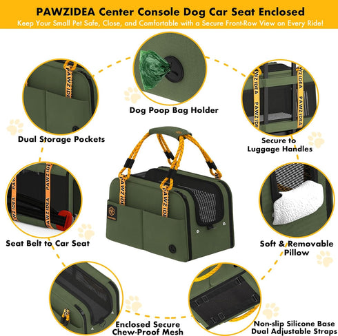 12lb PAWZIDEA Center Console Dog Car Seat, Enclosed Small Dog Armrest Booster Carseat, Secure Straps &Anti Slip
