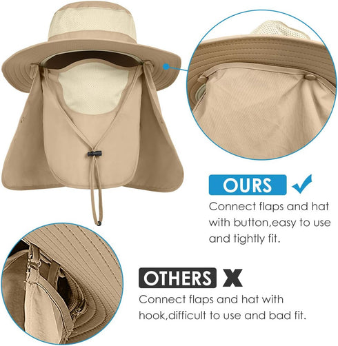 IYEBRAO Mens Outdoor Sun Hat, UV Protection Wide Brim Fishing Hat with Face Neck Flap for Hiking Safari Gardening UPF