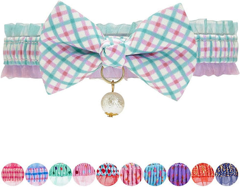 Blueberry Pet Green Plaid Breakaway Bowtie Cat Collar, Handmade Bow Tie and Pearl Charm, Neck 8.5"-12"