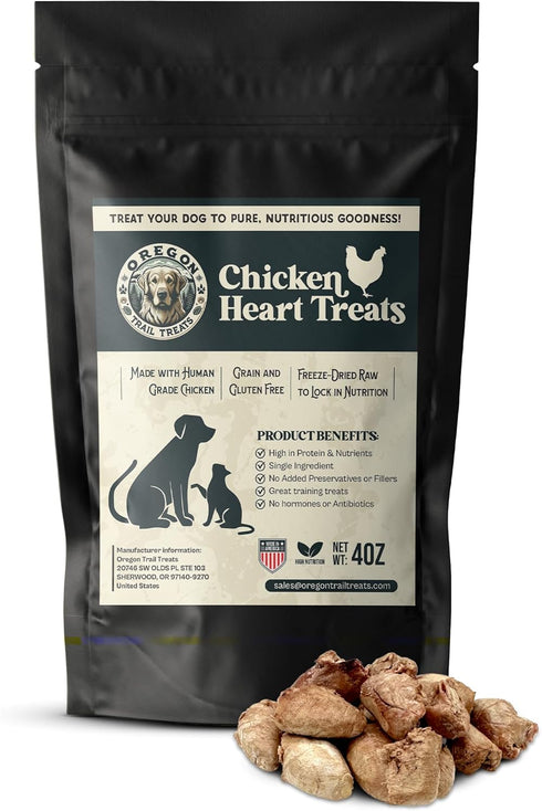 Oregon Trail Treats Freeze Dried Chicken Hearts 4oz - Premium Single Ingredient Cat & Dog Treats, Made in USA