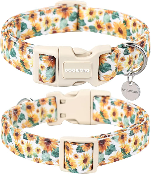 DOGWONG Female Cotton Dog Collar, Sunflower Dog Collar Durable Soft Natural Fabric Spring Pet Dog Collar Cute Summer Puppy Necklace for Small Medium Large Dog