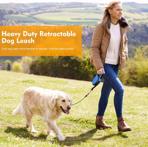 26Ft Heavy Duty Retractable Dog Leash with Chew Proof Cable for Small Medium Large Dogs up to 110lbs (Blue)