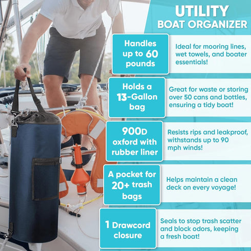 Wizcave 10-13 Boat Trash Can, Leakproof Boat Trash Bag, Portable Pontoon Boat Accessories for Storage, Reusable Boat
