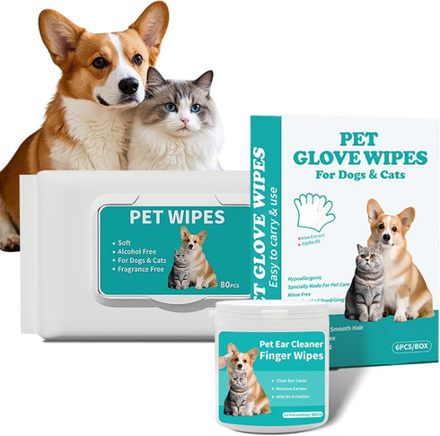 LEOARWE Pet Wipes 3-in-1 Kit for Dogs & Cats - Pet Cleaning Gloves,