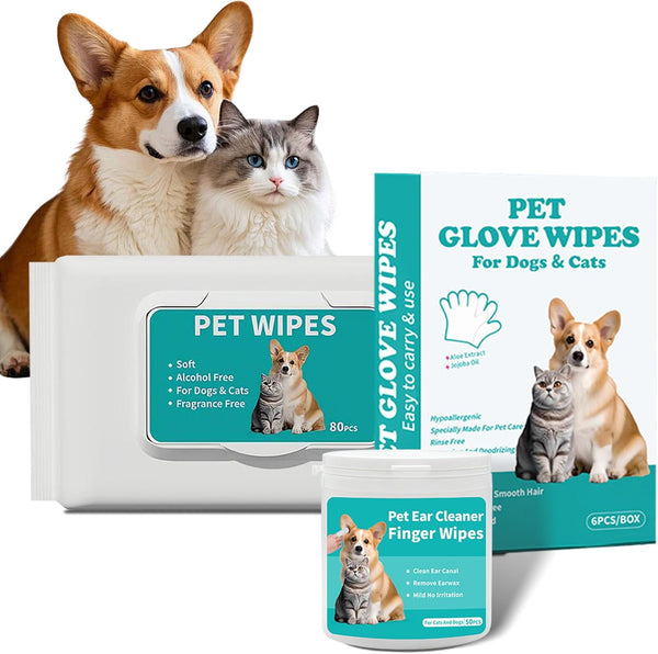 LEOARWE Pet Wipes 3-in-1 Kit for Dogs & Cats - Pet Cleaning Gloves,