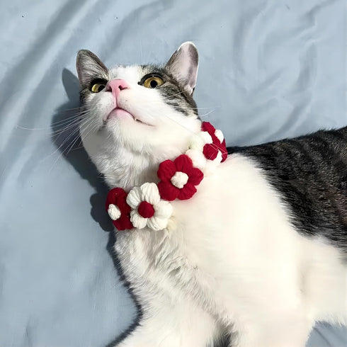 Handmade Dog Costume - Red and White Floral Design Wedding and Birthday Bandana, Cute Collars for Medium Small Cats