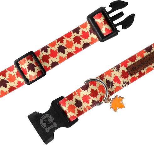 Adjustable MR. CHUBBYFACE Fall Dog Collar with Maple Leaves Design for Small Medium Large Dogs
