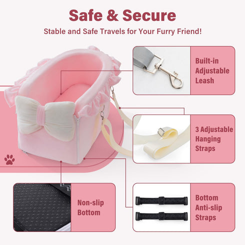 Jaoul Dog Car Seat for Small Dogs, Fully Detachable with Adjustable Straps, Comfortable Portable Booster Seat (Pink)