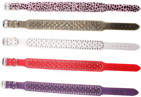 Hoot PU Leather Adjustable Spiked Studded Dog Collar - 2" Wide with 43 Spikes (L, Neck 21"-24", Red)