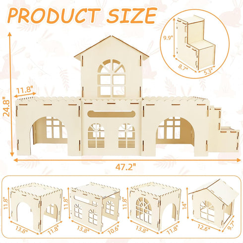 Chinchillas BWOGUE Extra Large Wooden Rabbit Hideout Castle, Detachable Bunny Castle for Rabbits Guinea Pigs, Sturdy