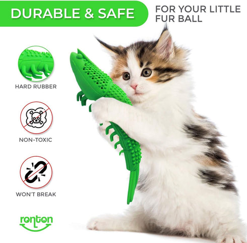 Ronton Cat Toothbrush - Durable Hard Rubber Dental Care, Interactive Chew Toy for Cats (1 Pack Green, Shrimp)