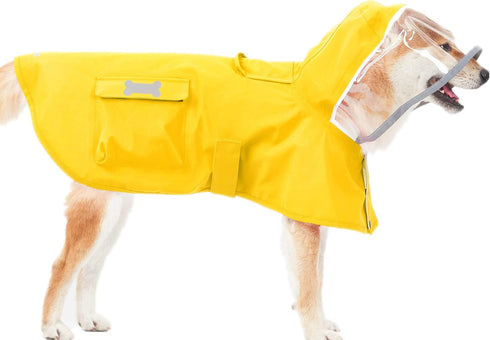 Dog Waterproof Raincoat with Poncho Hoodie, High Reflective Adjustable Yellow Pet Rain Jacket for Small Medium and