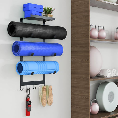 LSK Yoga Mat Holder Wall Mount, Black Storage Rack for Home Gym with 5 Hooks for Fitness Accessories