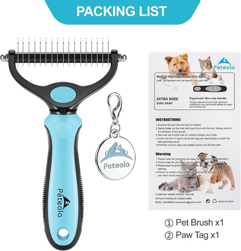 Pet Grooming Brush - 2 Sided Undercoat Rake for Deshedding and Detangling Fur for Cats and Dogs (Blue)