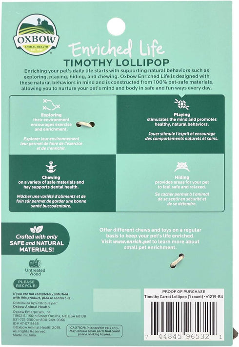 Oxbow Enriched Life Timothy Lollipop - Carrot, Rabbit Toys for Guinea Pig, Enrichment for Bunny, Chinchilla, Cage
