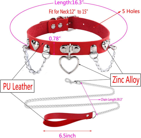 Red Leather Choker Collar with Chain Leash Set, Adjustable Soft PU Heart Pendant Necklace for Women & Pet Dogs