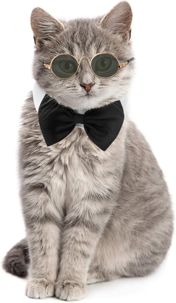 2 Pieces Pets Dog Cat Bowtie Tie Sunglasses, Adjustable Formal Necktie Collar for Cats Small Dogs (Black White)