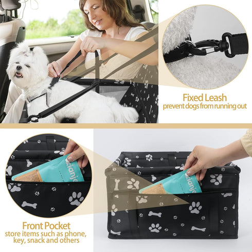 PetsHome Foldable Dog Car Seat, Waterproof Oxford Travel Bag for Small to Medium Dogs, Pattern Black