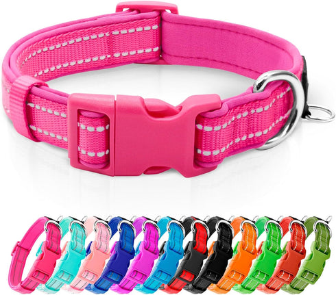 Azuza Soft Neoprene Padded Reflective Dog Collar with ID Tag Ring, Adjustable for Large Dogs, Hot Pink, L