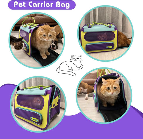 Pet Travel Carrier - TSA Airline Approved Under Seat Cat Carrier with Flea Comb, De-Shedder & Feeding Bowl, Purple