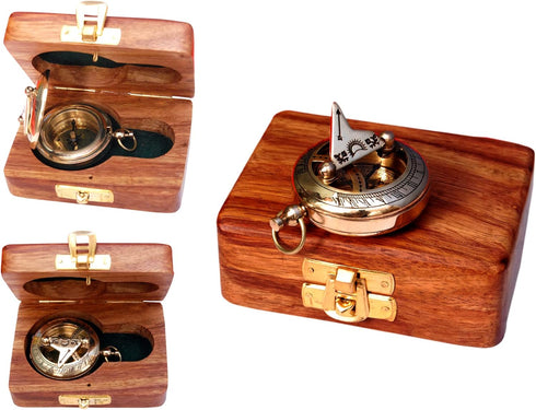 Brass Nautical Compass with Wooden Case - Antique Brass & Copper Sundial