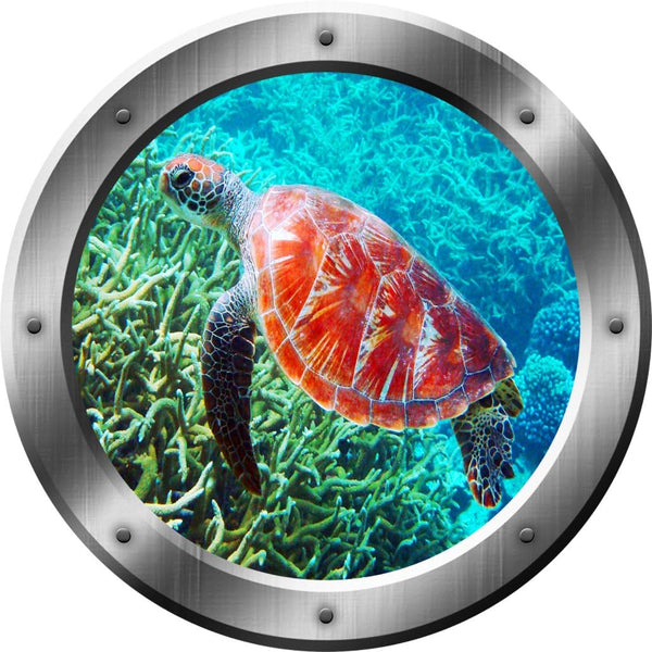 Sea Turtle Wall Decal Porthole - 3D Sticker Sea Life Wall Decor VWAQ-SP31, 14" Diameter